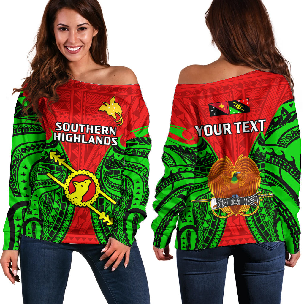 (Custom Personalised) Papua New Guinea Off Shoulder Sweater Southern Highlands Province Mix Coat Of Arms Polynesian Art