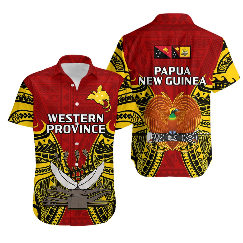 Papua New Guinea Hawaiian Shirt Western Province Mix Coat Of Arms Polynesian Art