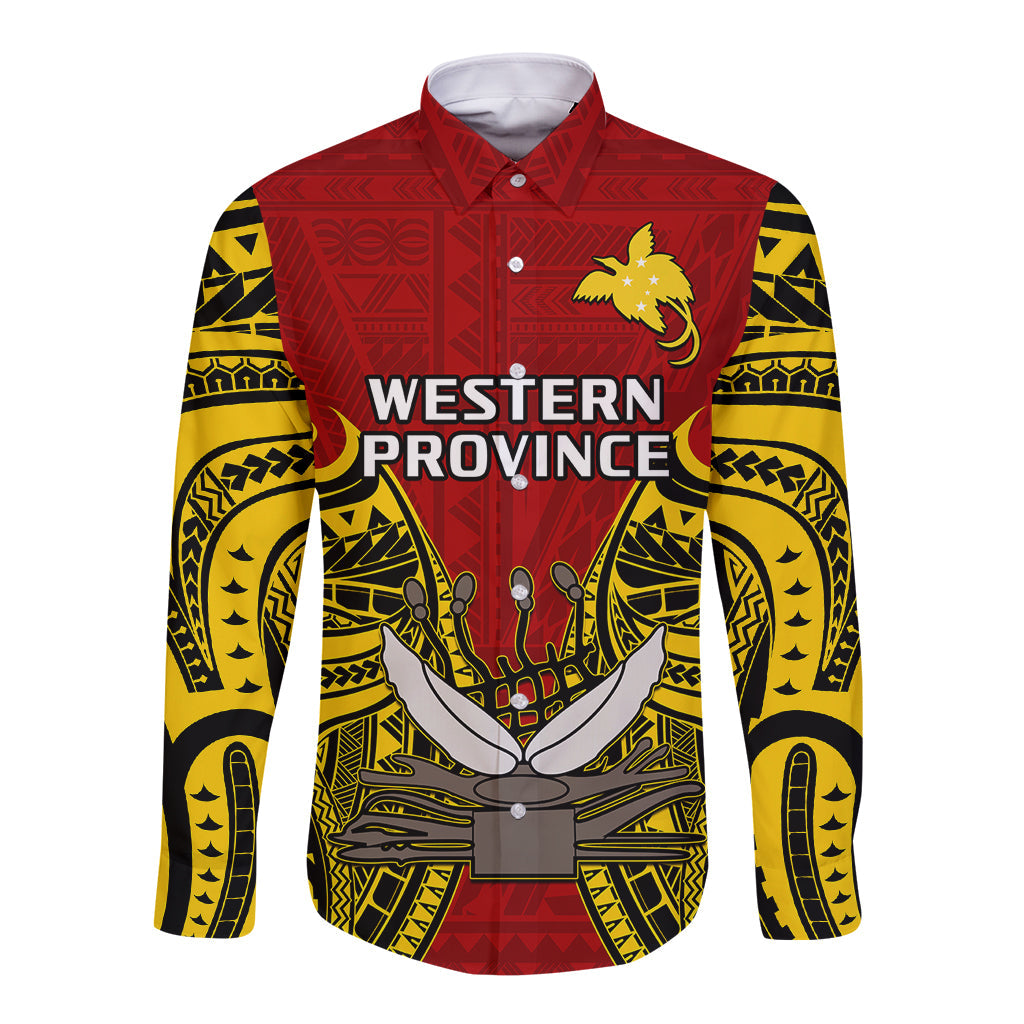 Papua New Guinea Long Sleeve Button Shirt Western Province Mix Coat Of Arms Polynesian Art