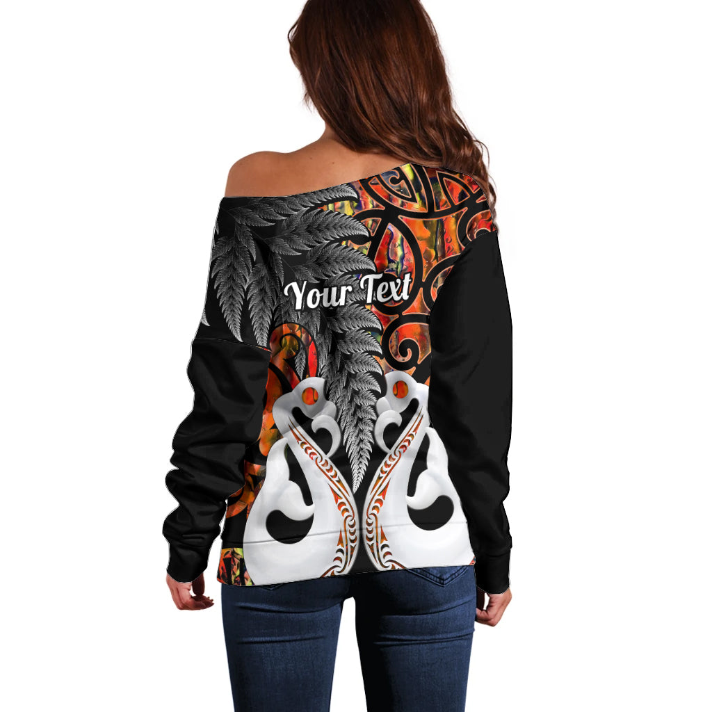 Personalised New Zealand Off Shoulder Sweater Te Manaia Mangopare Maori And Fern Orange Style