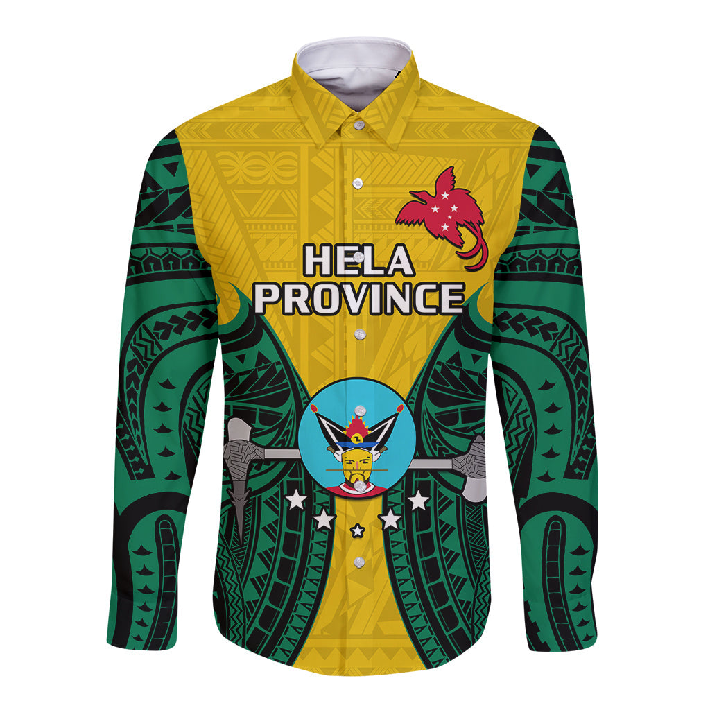 Papua New Guinea Long Sleeve Button Shirt Hela Province Mix Coat Of Arms Polynesian Art