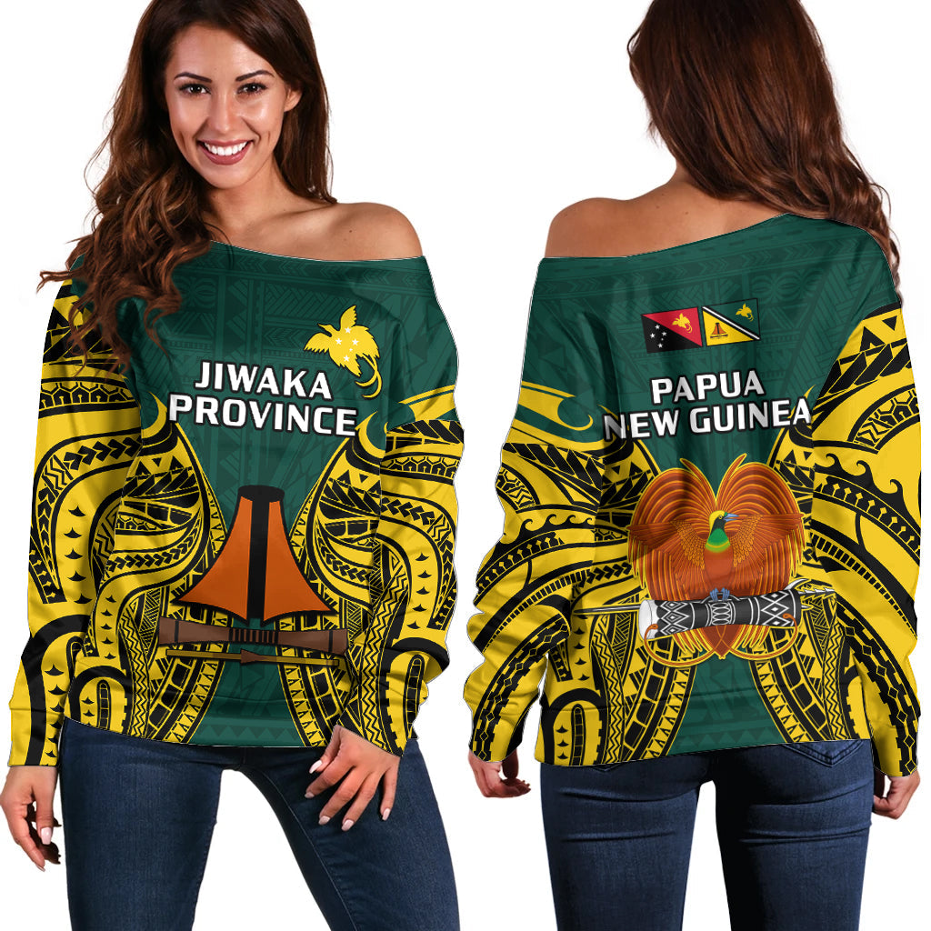 Papua New Guinea Off Shoulder Sweater Jiwaka Province Mix Coat Of Arms Polynesian Art