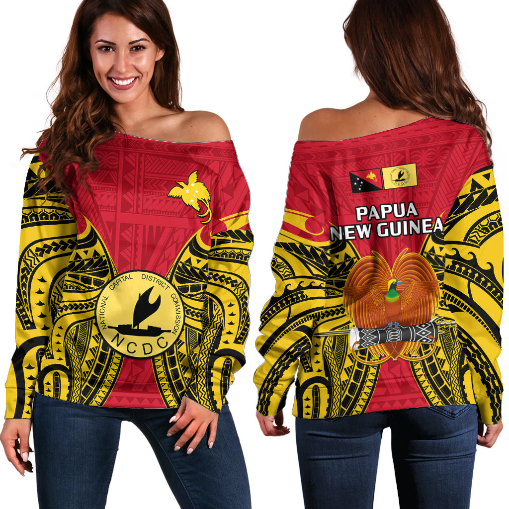 Papua New Guinea Off Shoulder Sweater National Capital District Mix Coat Of Arms Polynesian Art