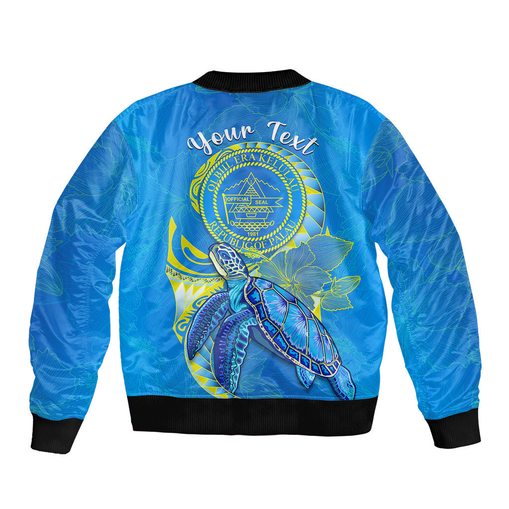 (Custom Personalised) Palau Bomber Jacket Hibiscus Turtle Mix Coat Of Arms Blue Version