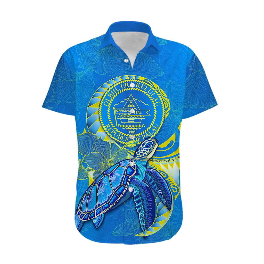 Custom Personalised Palau Hawaiian Shirt Hibiscus Turtle Mix Coat Of Arms Blue Version