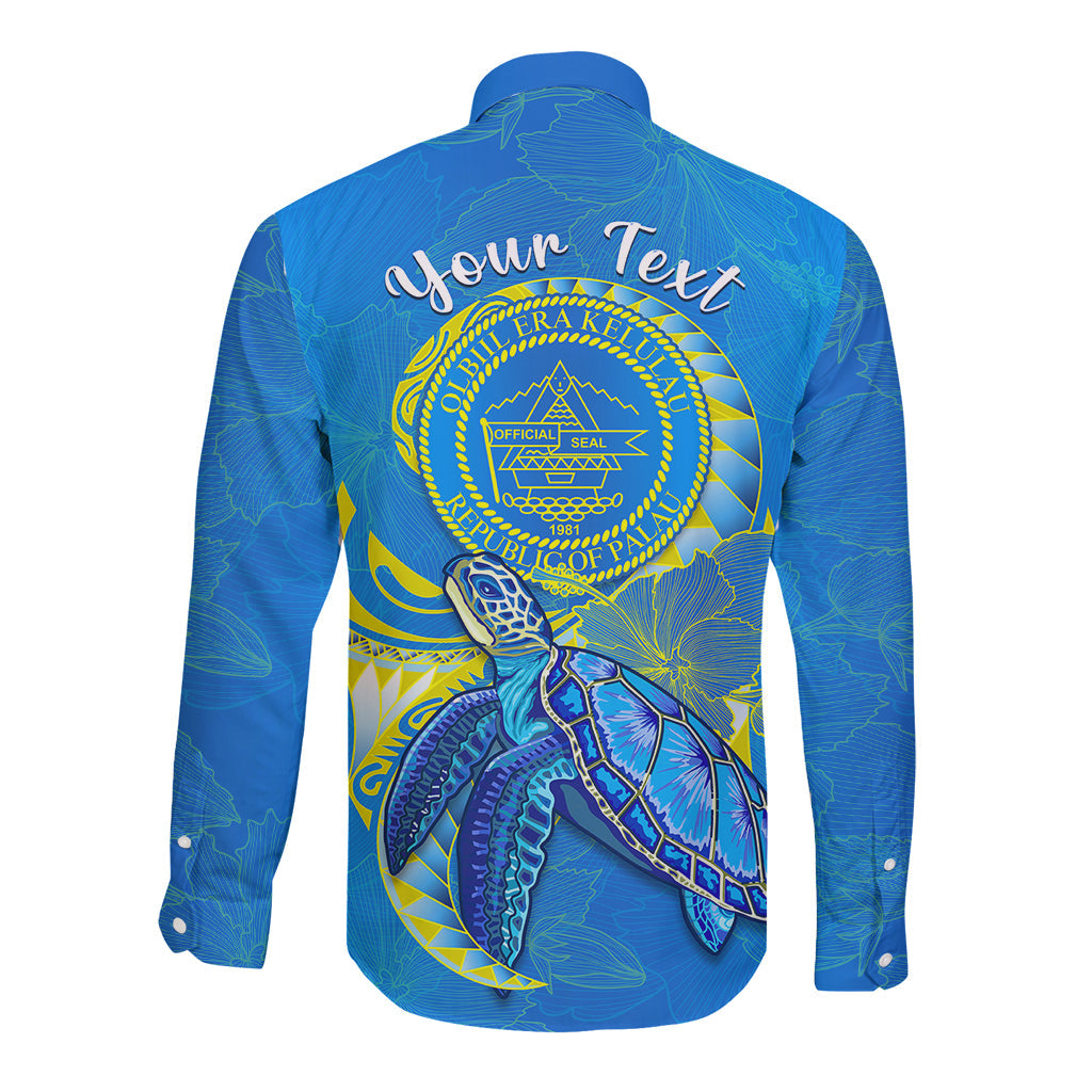 (Custom Personalised) Palau Long Sleeve Button Shirt Hibiscus Turtle Mix Coat Of Arms Blue Version