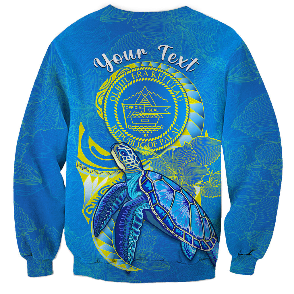 Custom Personalised Palau Sweatshirt Hibiscus Turtle Mix Coat Of Arms Blue Version
