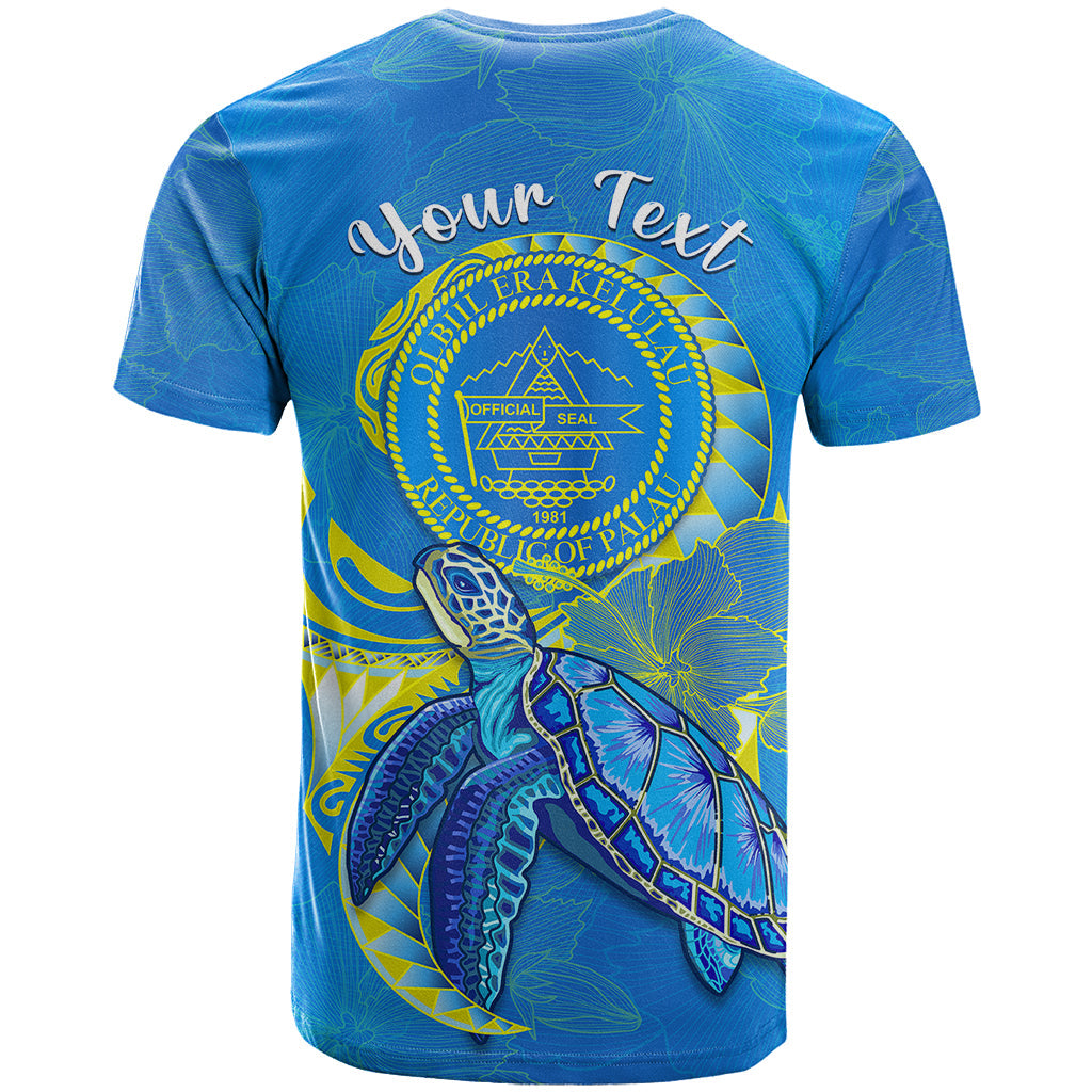 (Custom Personalised) Palau T Shirt Hibiscus Turtle Mix Coat Of Arms Blue Version