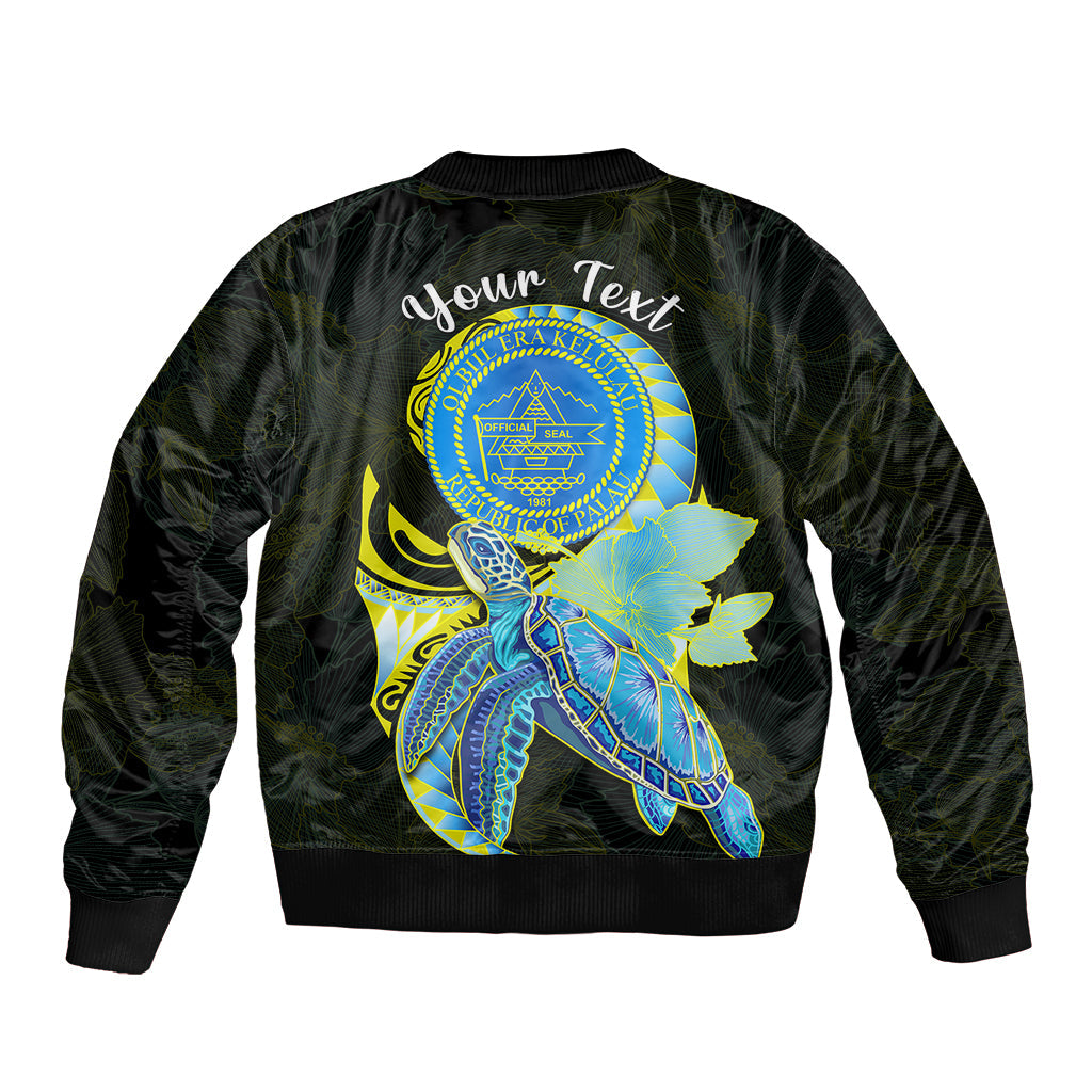 (Custom Personalised) Palau Bomber Jacket Hibiscus Turtle Mix Coat Of Arms Black Version