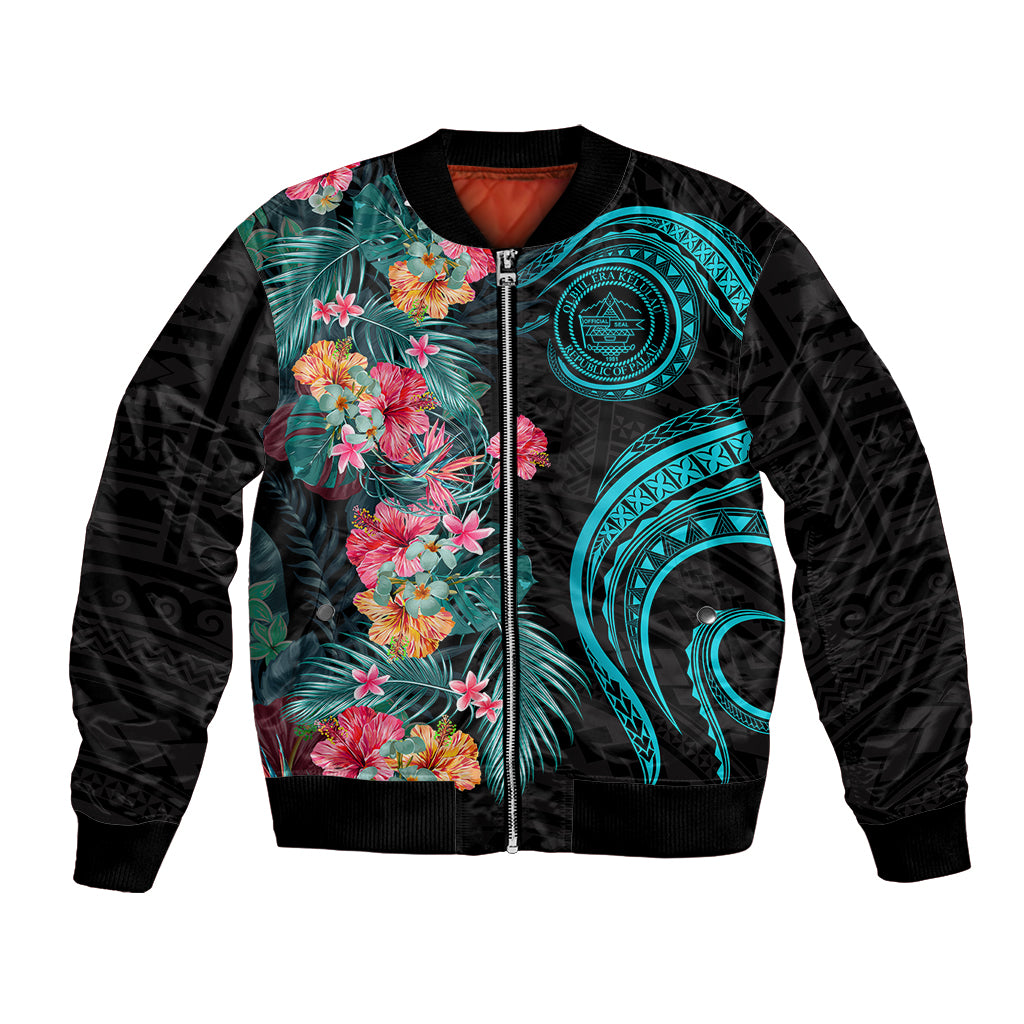 Palau Bomber Jacket Tropical Flowers With Polynesian Pattern
