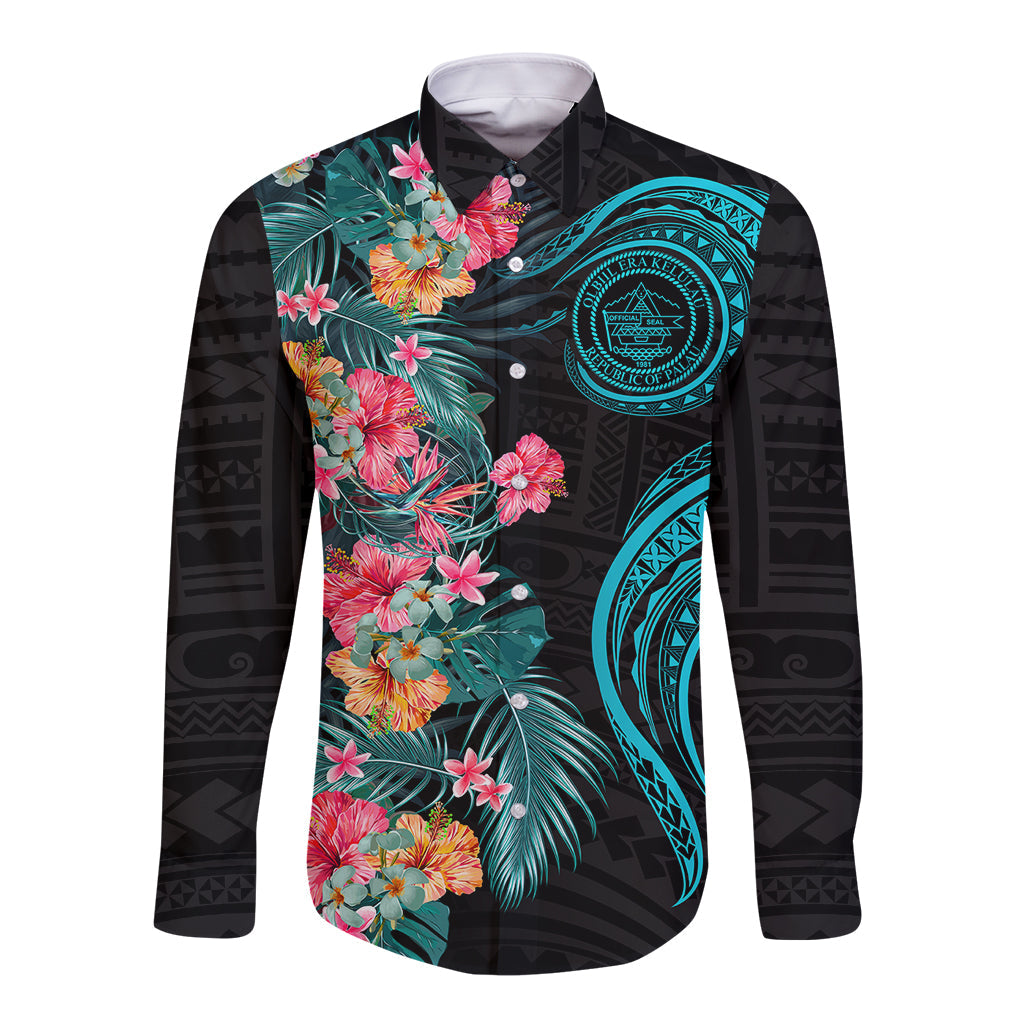 Palau Long Sleeve Button Shirt Tropical Flowers With Polynesian Pattern