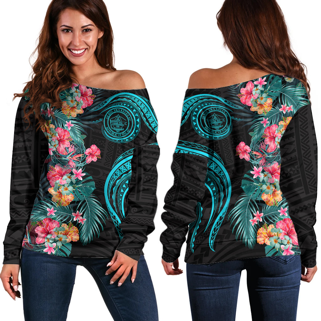 Palau Off Shoulder Sweater Tropical Flowers With Polynesian Pattern