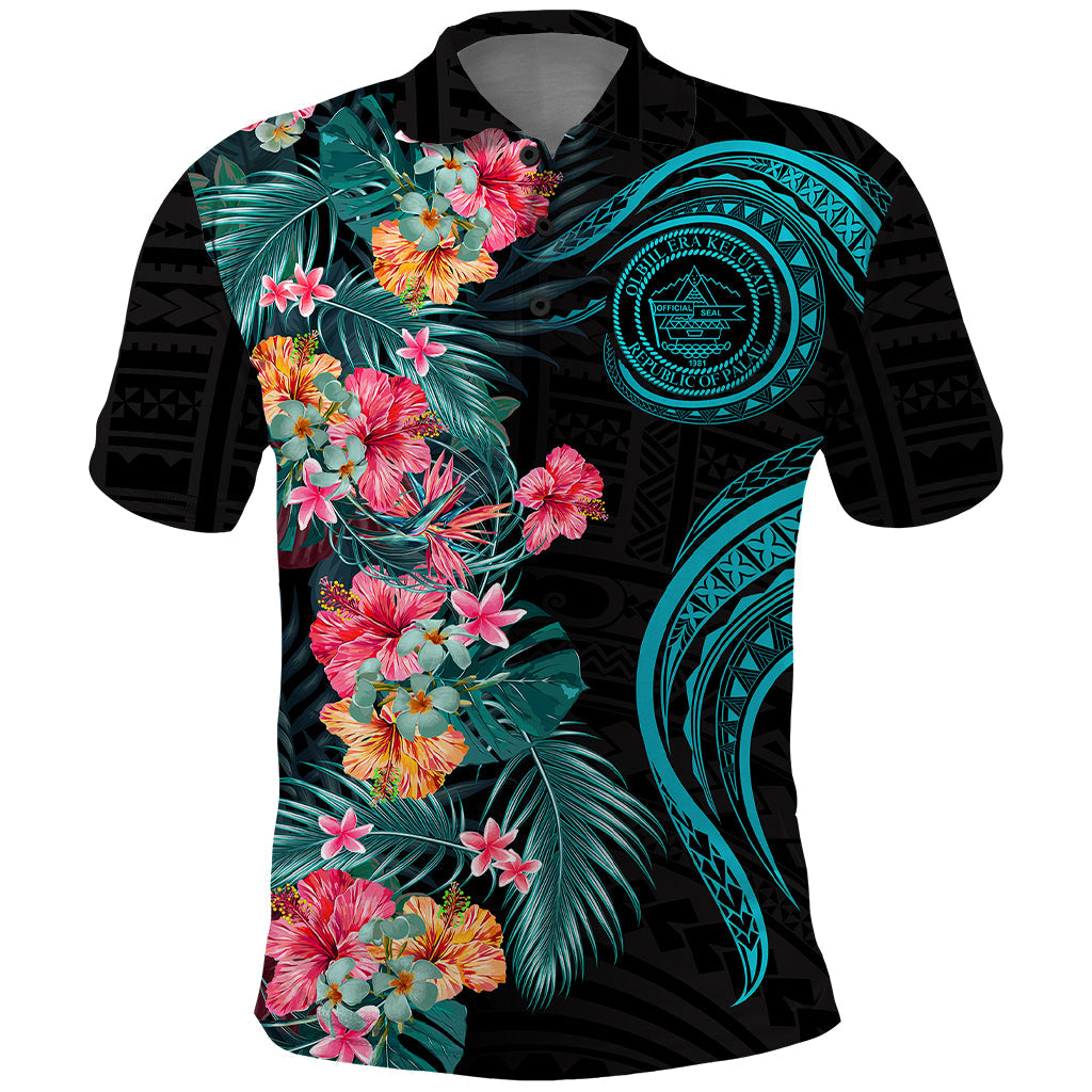 Palau Polo Shirt Tropical Flowers With Polynesian Pattern