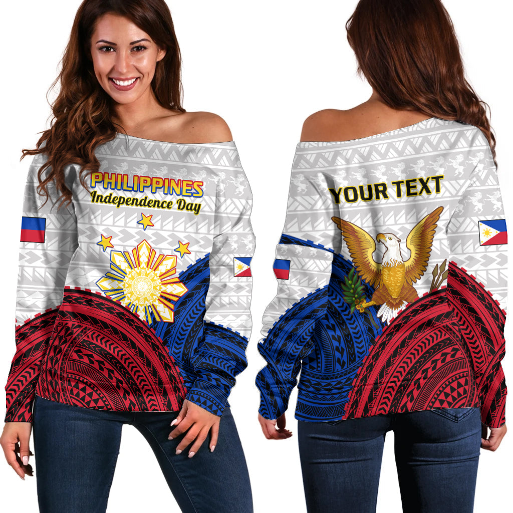 (Custom Personalised) Philippines Independence Day Off Shoulder Sweater Proud To Be Filipino Polynesian Pattern
