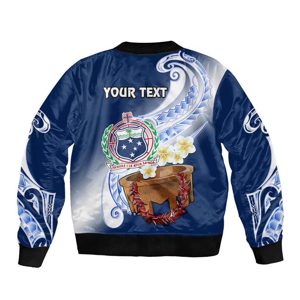 (Custom Personalised) Samoa Bomber Jacket Ula Fala Kava Bowl Plumeria Polynesian Blue