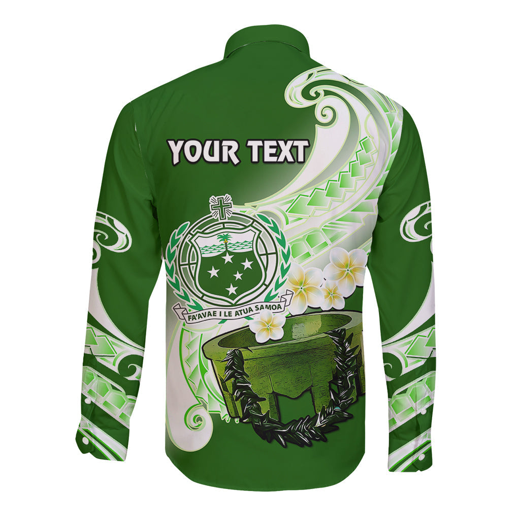 (Custom Personalised) Samoa Long Sleeve Button Shirt Ula Fala Kava Bowl Plumeria Polynesian Green