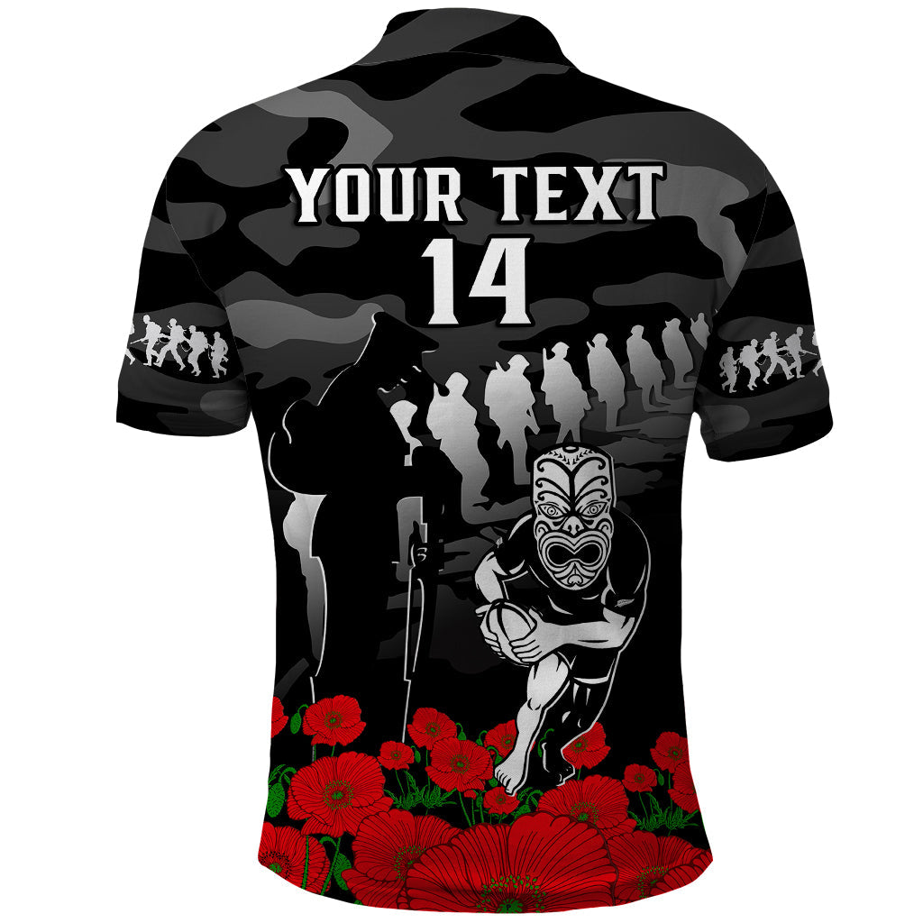 Custom Text And Number New Zealand ANZAC Rugby Polo Shirt Silver Fern All Black Camouflage Mix Poppy