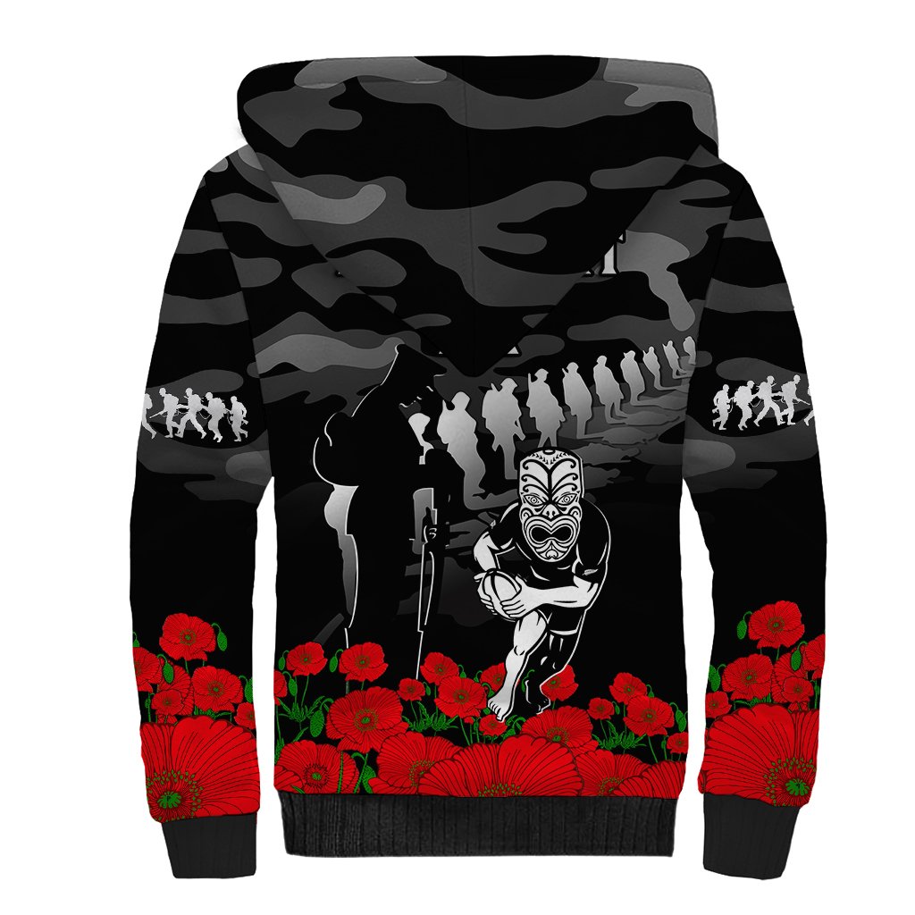 (Custom Text And Number) New Zealand ANZAC Rugby Sherpa Hoodie Silver Fern All Black Camouflage Mix Poppy