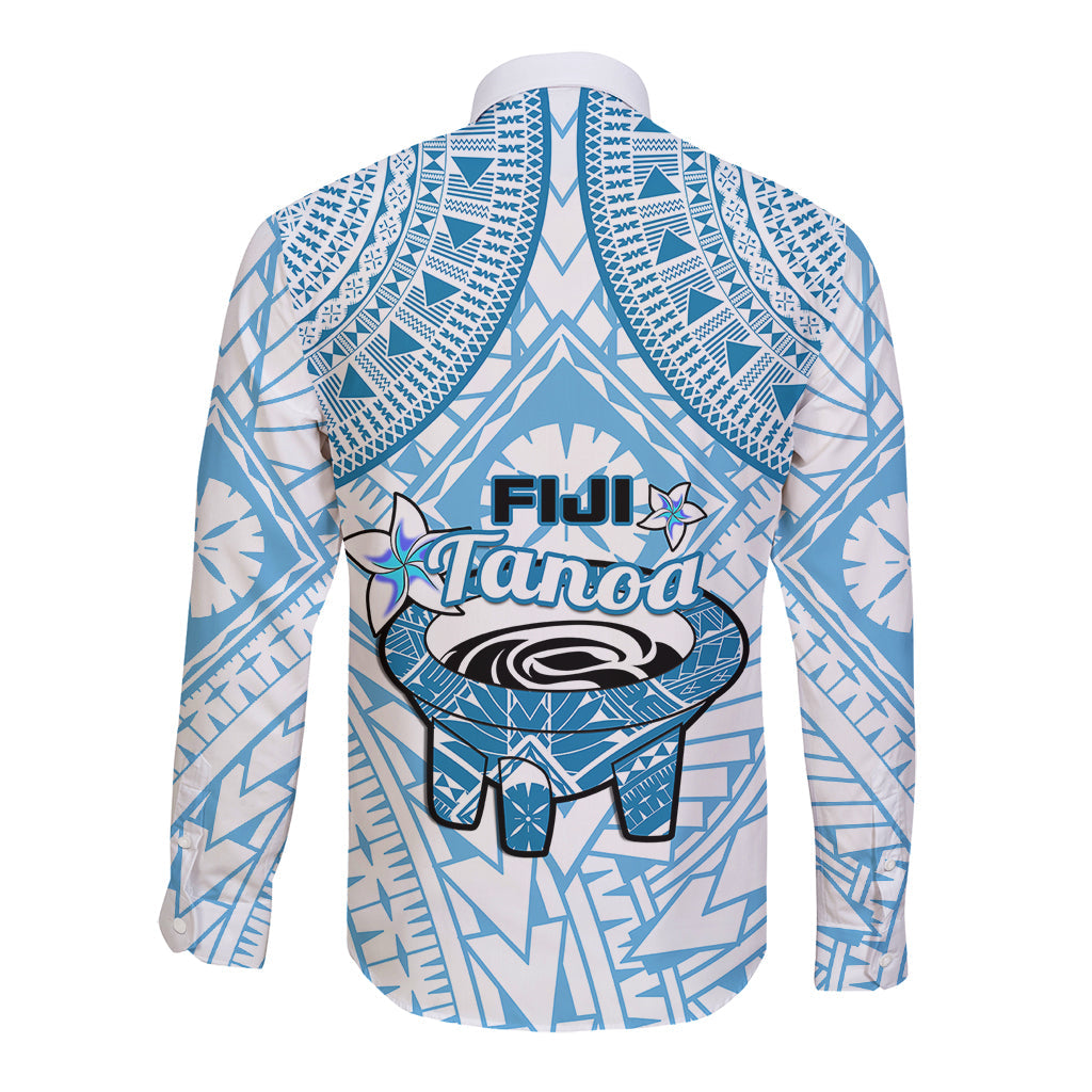 Fiji Tanoa Long Sleeve Button Shirt Kava Bowl Fijian Tapa Blue Pattern