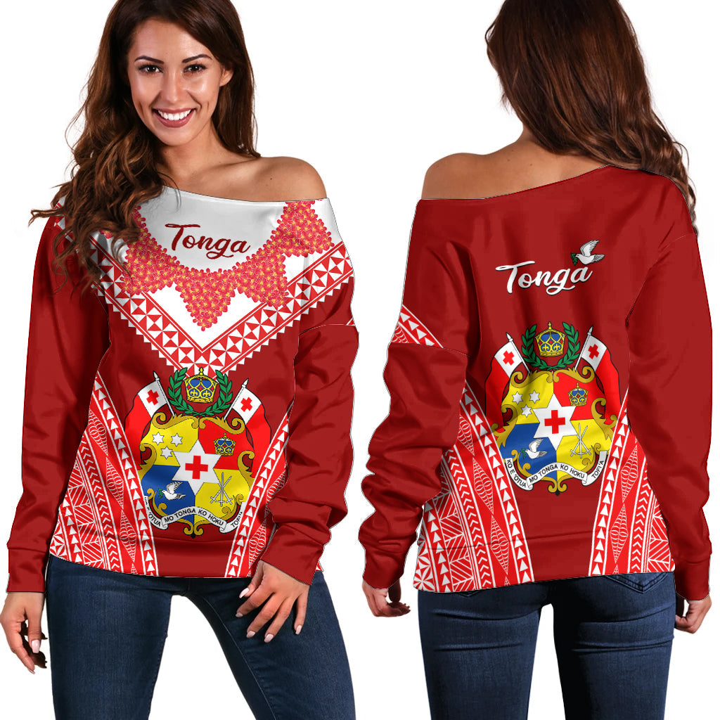 Tonga Heilala Flowers Off Shoulder Sweater Tongan Ngatu White Special Verison