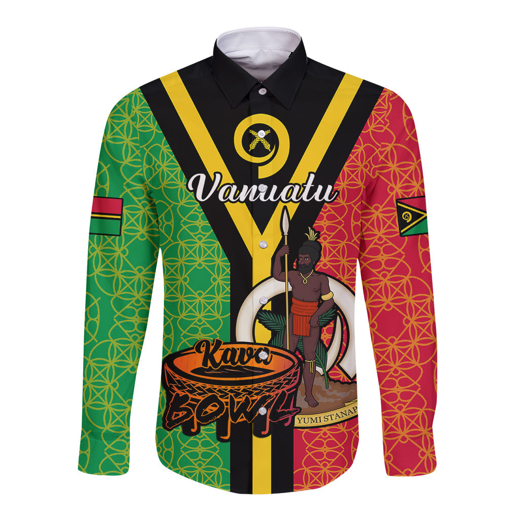 Vanuatu Long Sleeve Button Shirt Kava Bowl Mix Sand Drawing Flag Style