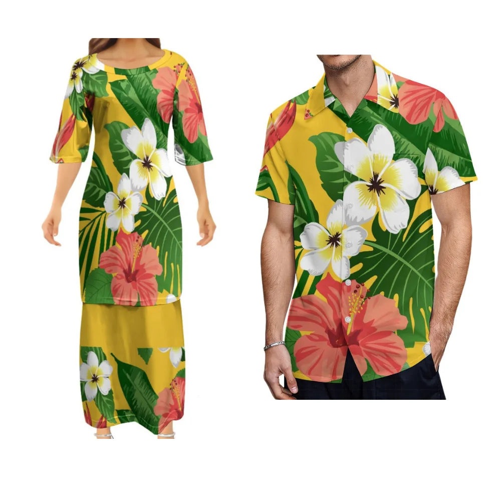 Samoan Polynesian Tribal Tropical Flowers Island Pattern Women's Puletasi Summer Couple Suit Men's Shirt Women's Long Dress