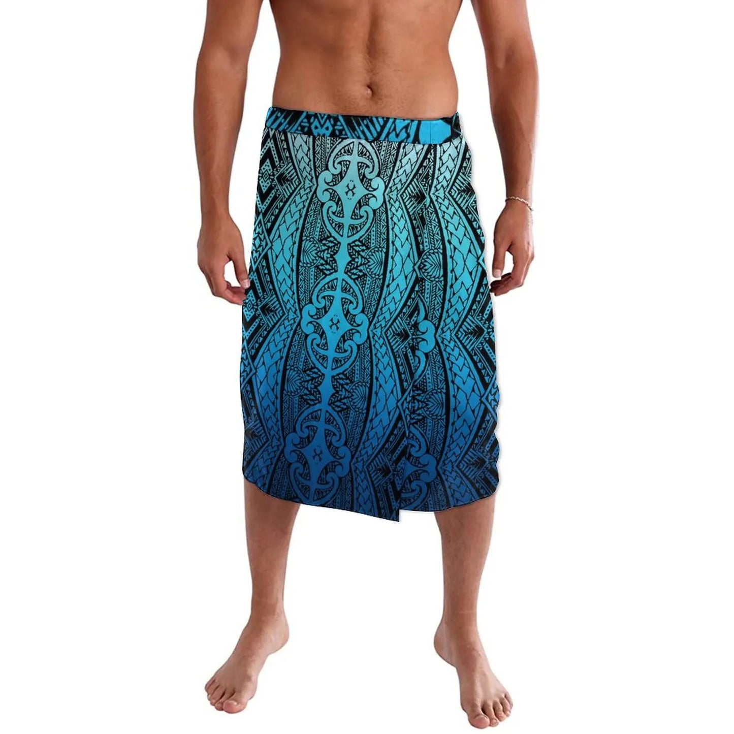 Blue Polynesian Tribal Pattern Menswear Ie Faitaga Samoa Lavalava Island Tropical Wear Wrap Skirt