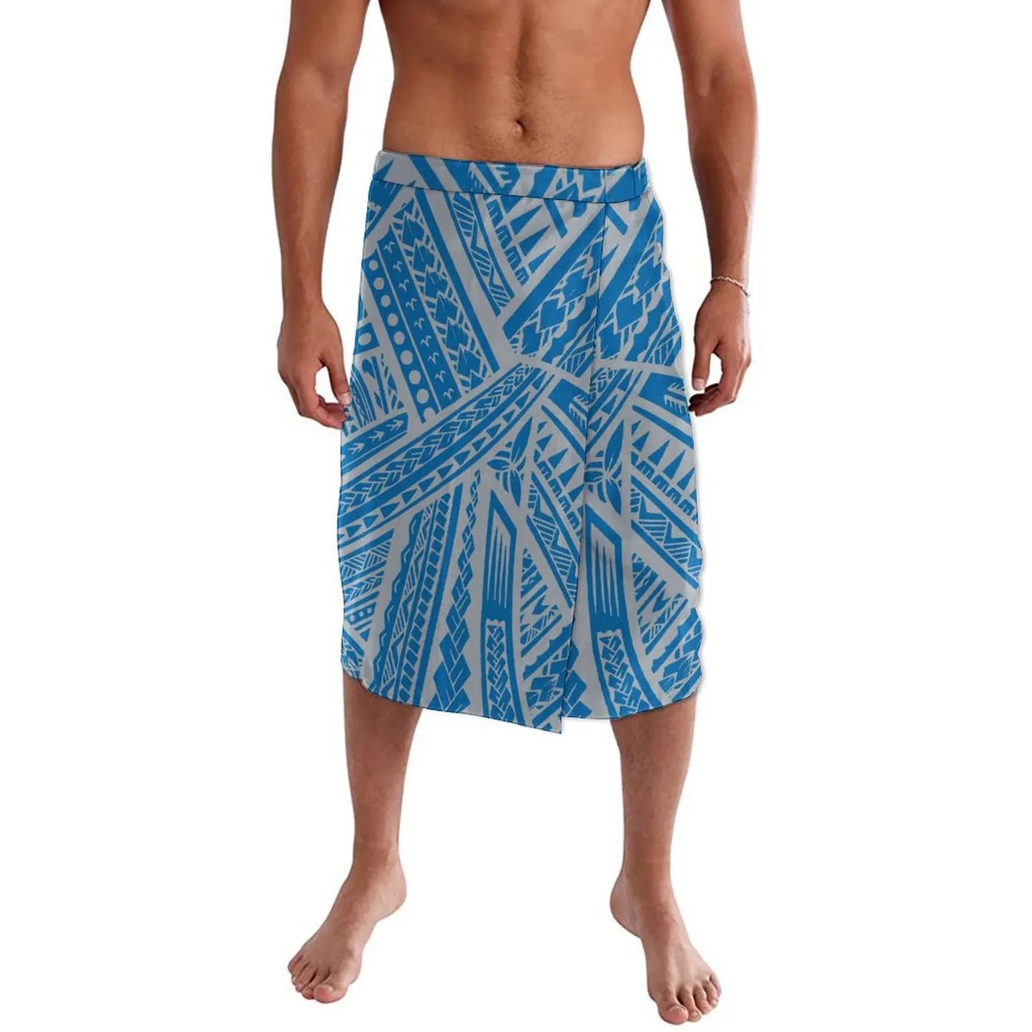 Summer Pacific Islands Traditional Polynesian Tribal Pattern Ie Faitaga Blue Lavalava Island Wear Wrap Skirt For Men