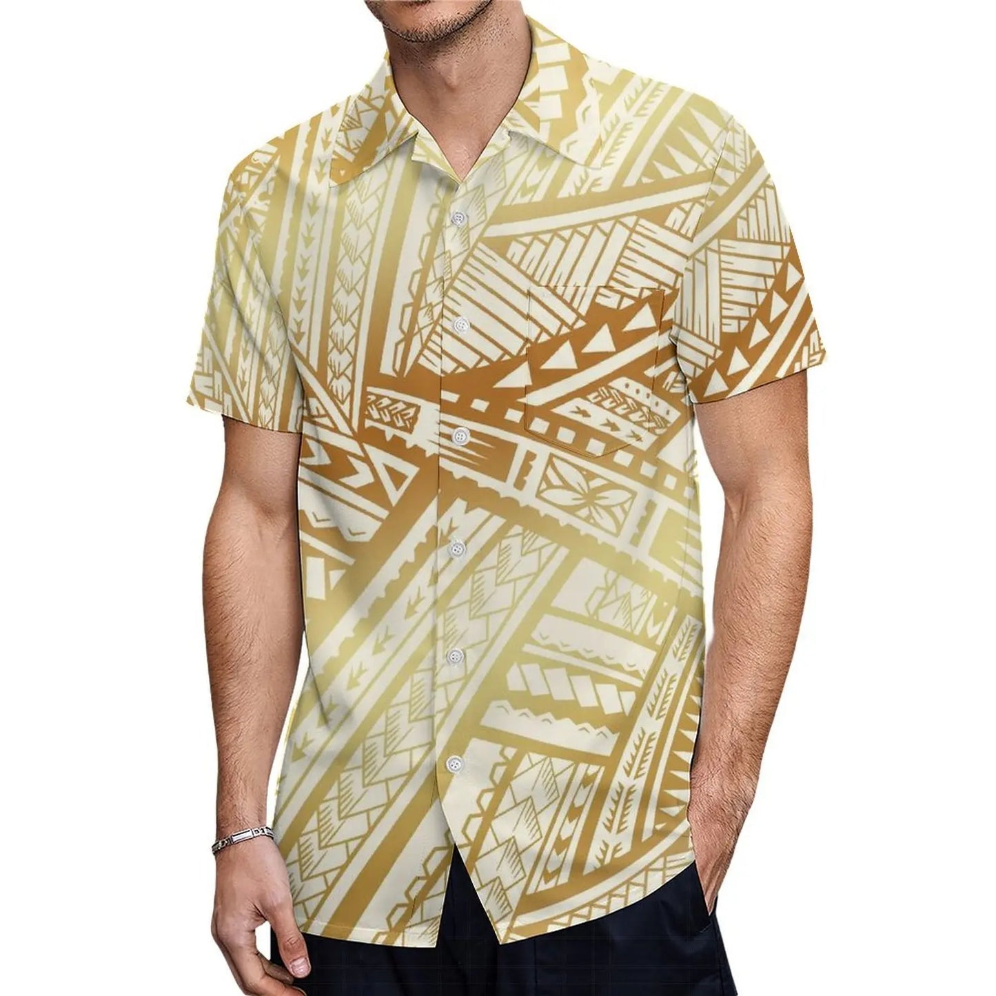 Yellow Polynesian Tribal Pattern Party Matching Outfit For Couple Clothing Tropical Fishtail Dress And Hawaiian Shirt