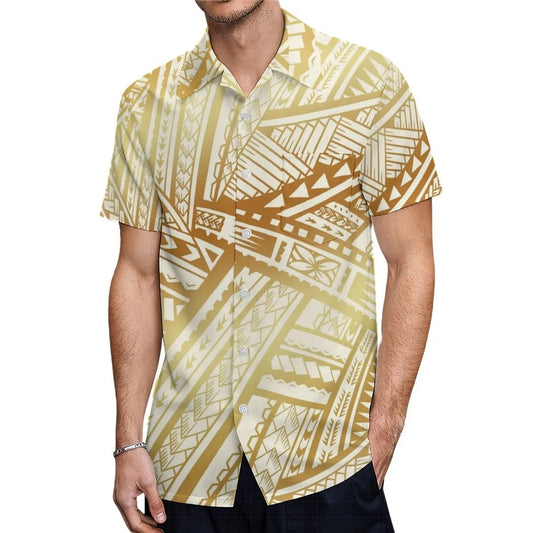 Yellow Polynesian Tribal Pattern Party Matching Outfit For Couple Clothing Tropical Fishtail Dress And Hawaiian Shirt