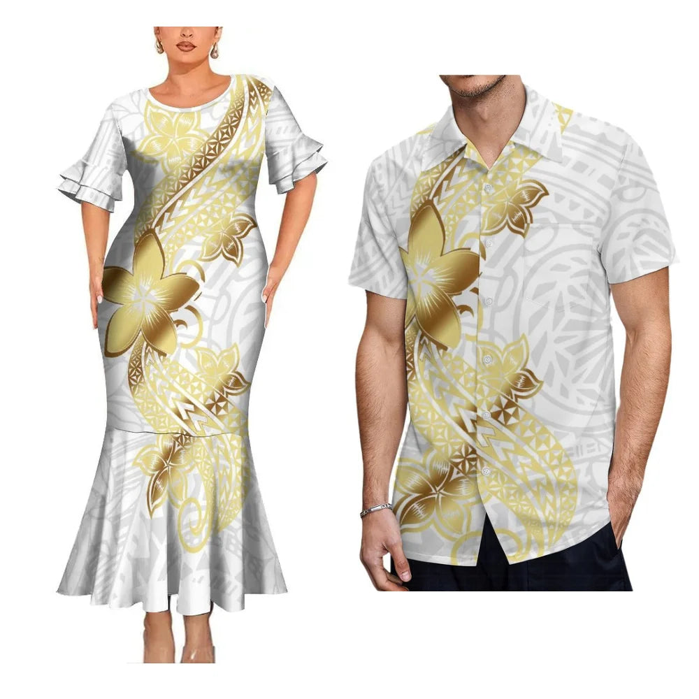 Yellow Polynesian Flowers Pattern Traditional Matching Outfit For Coupler Party Island Fishtail Dress And Hawaiian Shirt For Him Her