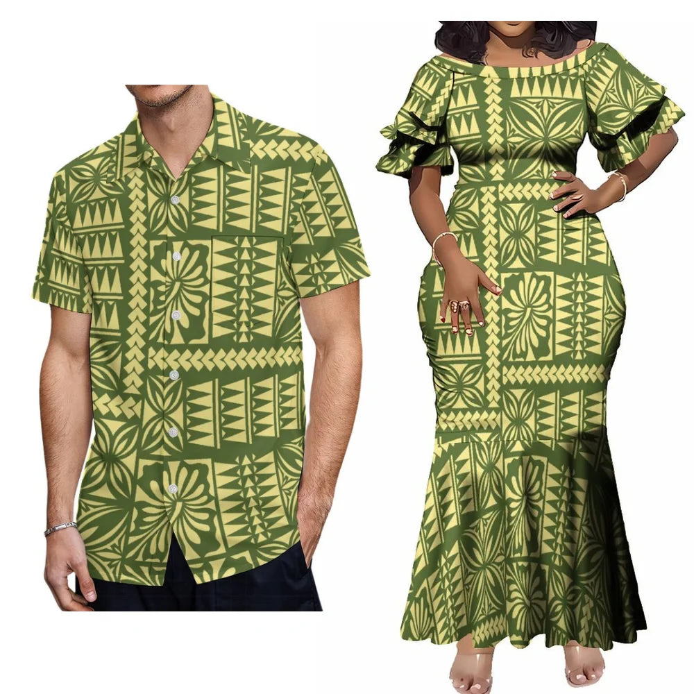 Polynesian Geometric Pattern Green Party Fishtail Skirt Dress And Shirt Polynesian Tribal Island Matching Outfit For Couple