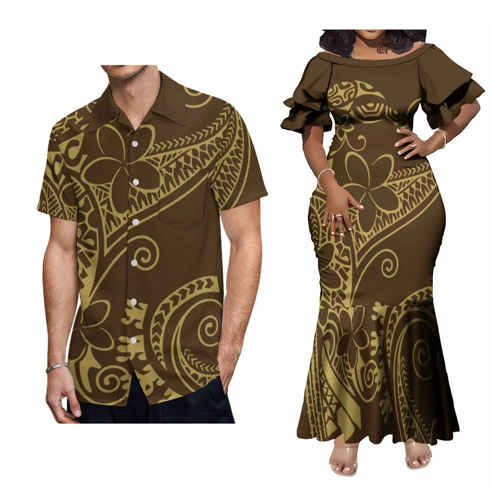Polynesian Tribal Samoan Pattern Couple Set For Her Him Tropical Short-Sleeved Fishtail Dress And Hawaiian Shirt