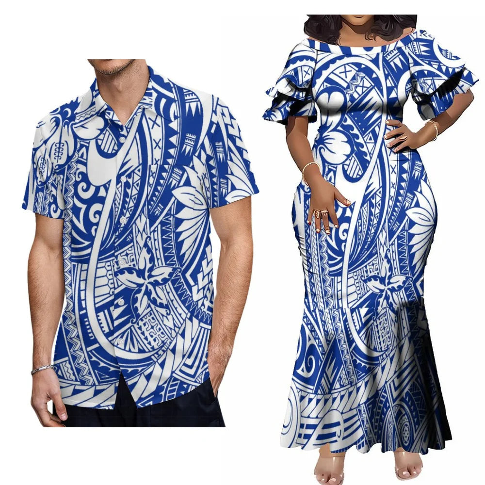 Polynesian Tribal Samoa Blue Flowers Matching Outfit For Couple Ethnic Island Women's Short-Sleeved Mermaid Dress Hawaiian Shirt