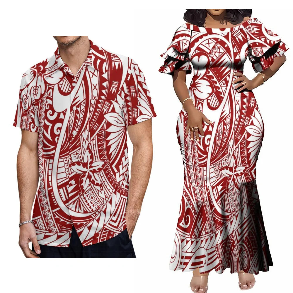 Polynesian Tribal Samoa Red Flowers Matching Outfit For Couple Ethnic Island Women's Short-Sleeved Mermaid Dress Hawaiian Shirt