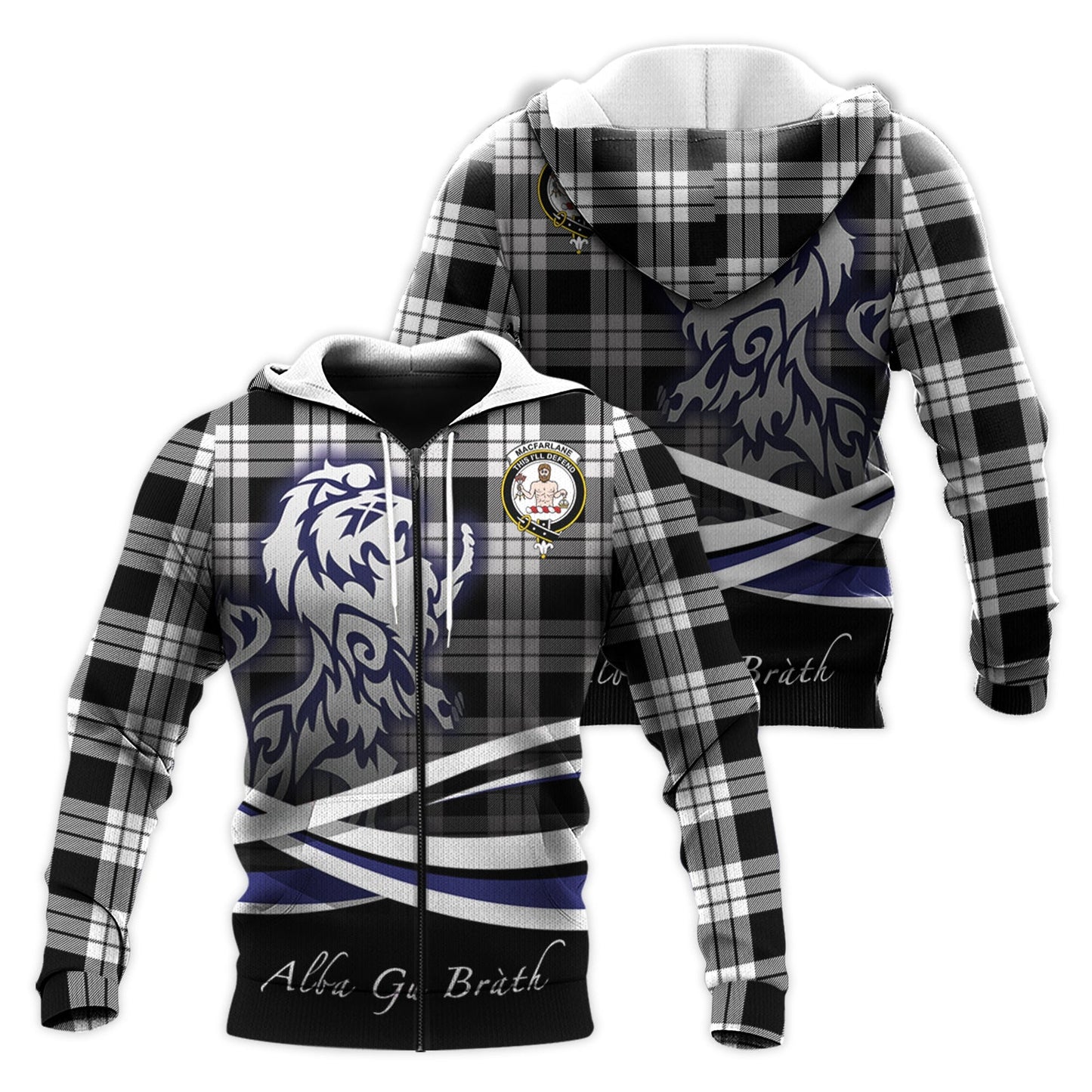 Printivon Macfarlane Black White Tartan Scottish Lion Hoodie