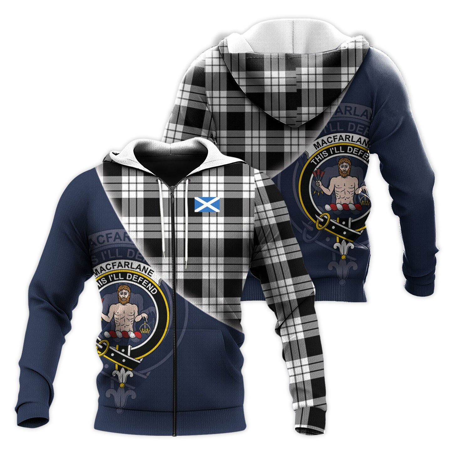 Printivon Macfarlane Black White Tartan Scottish Crest Hoodie