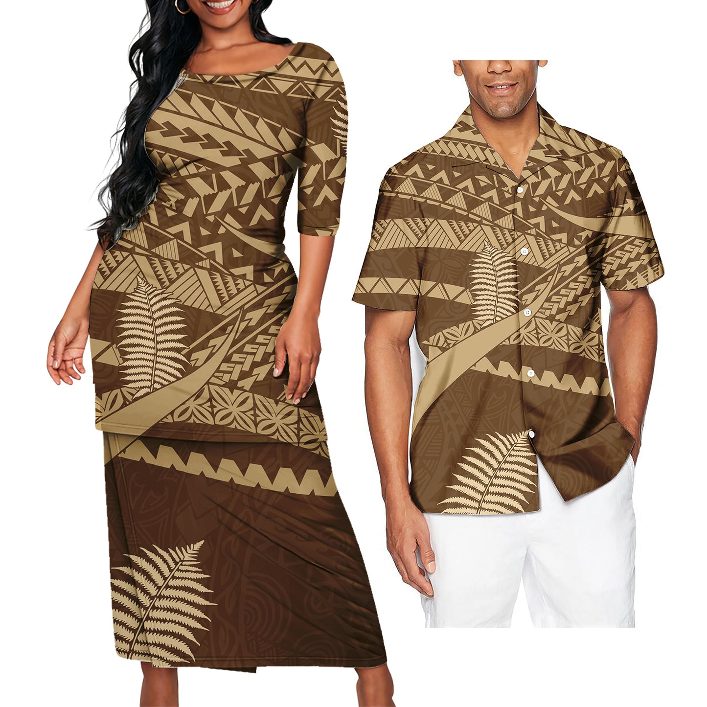 Polynesian Tribe Brown Pattern Outfit For Couple Ladies Elegant Puletasi Dress For Her And Printed Hawaiian Shirt
