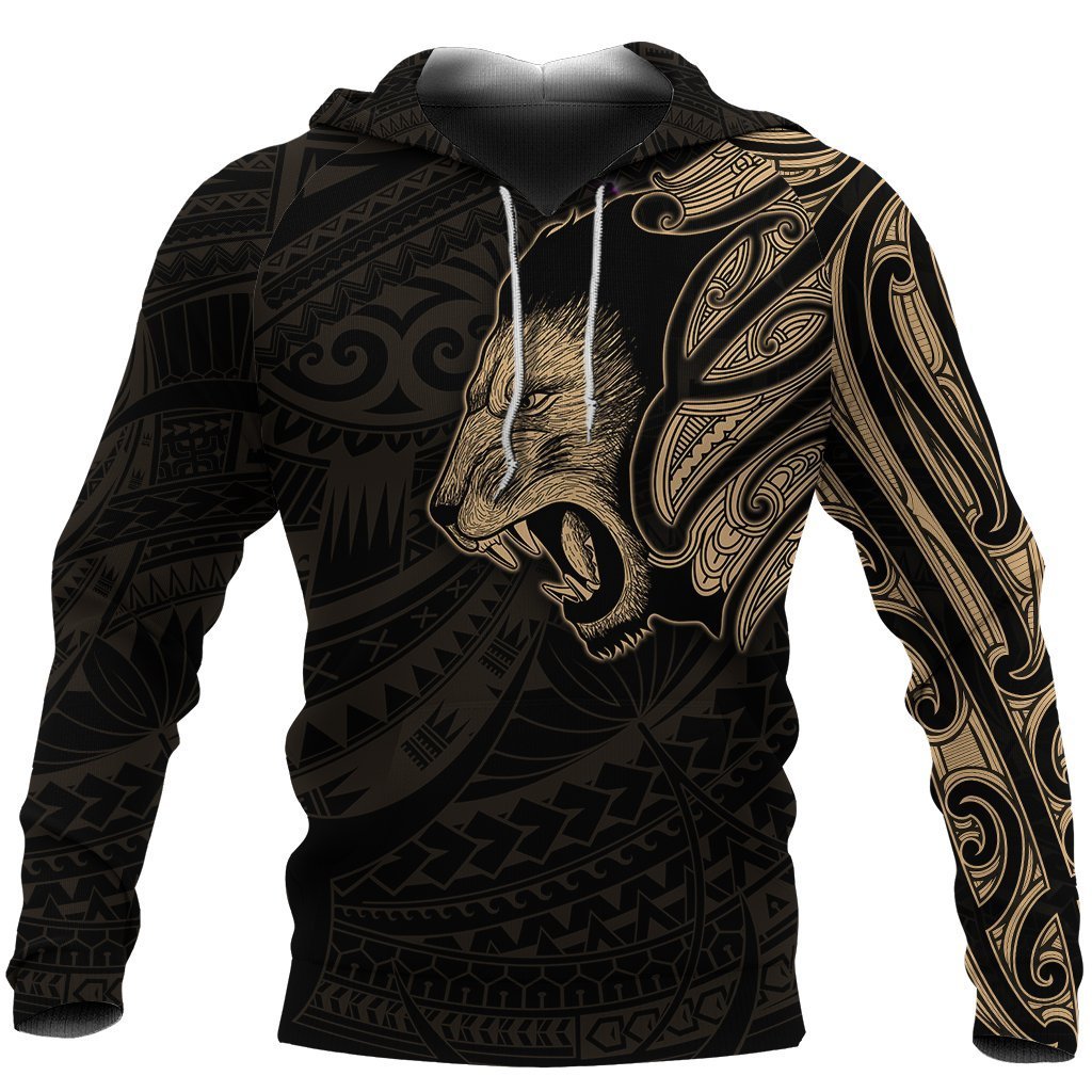 New Zealand Hoodie, Maori Lion Tattoo Pullover Hoodie Gold