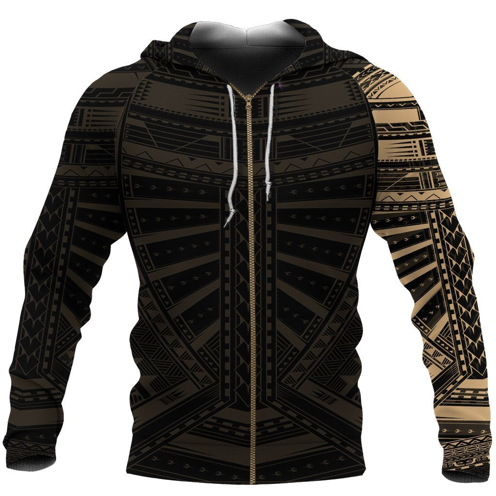 New Zealand Zip Up Hoodie, Maori Samoan Polynesian Tattoo Zipper Hoodie Gold