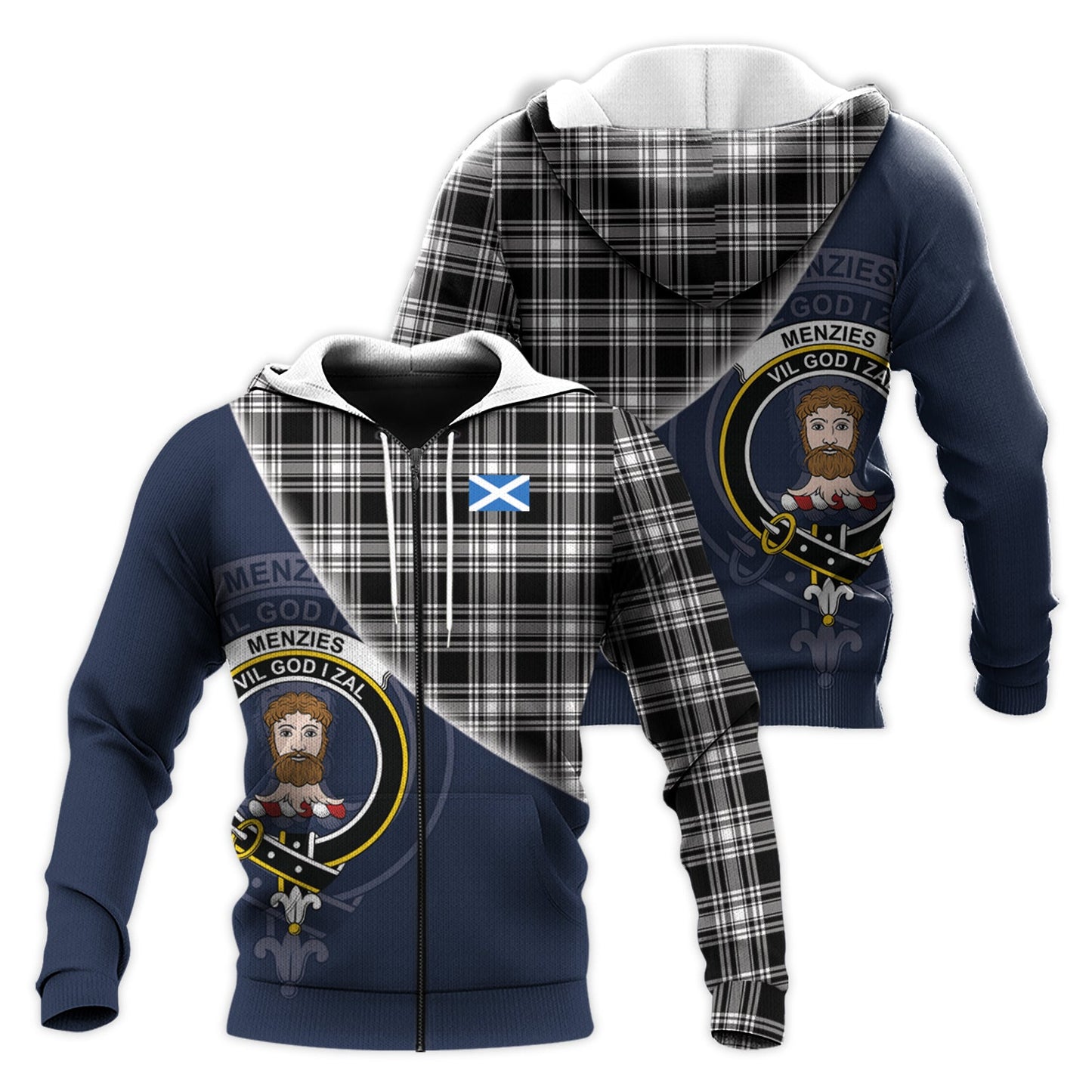 Printivon Menzies Black And White Tartan Scottish Crest Hoodie
