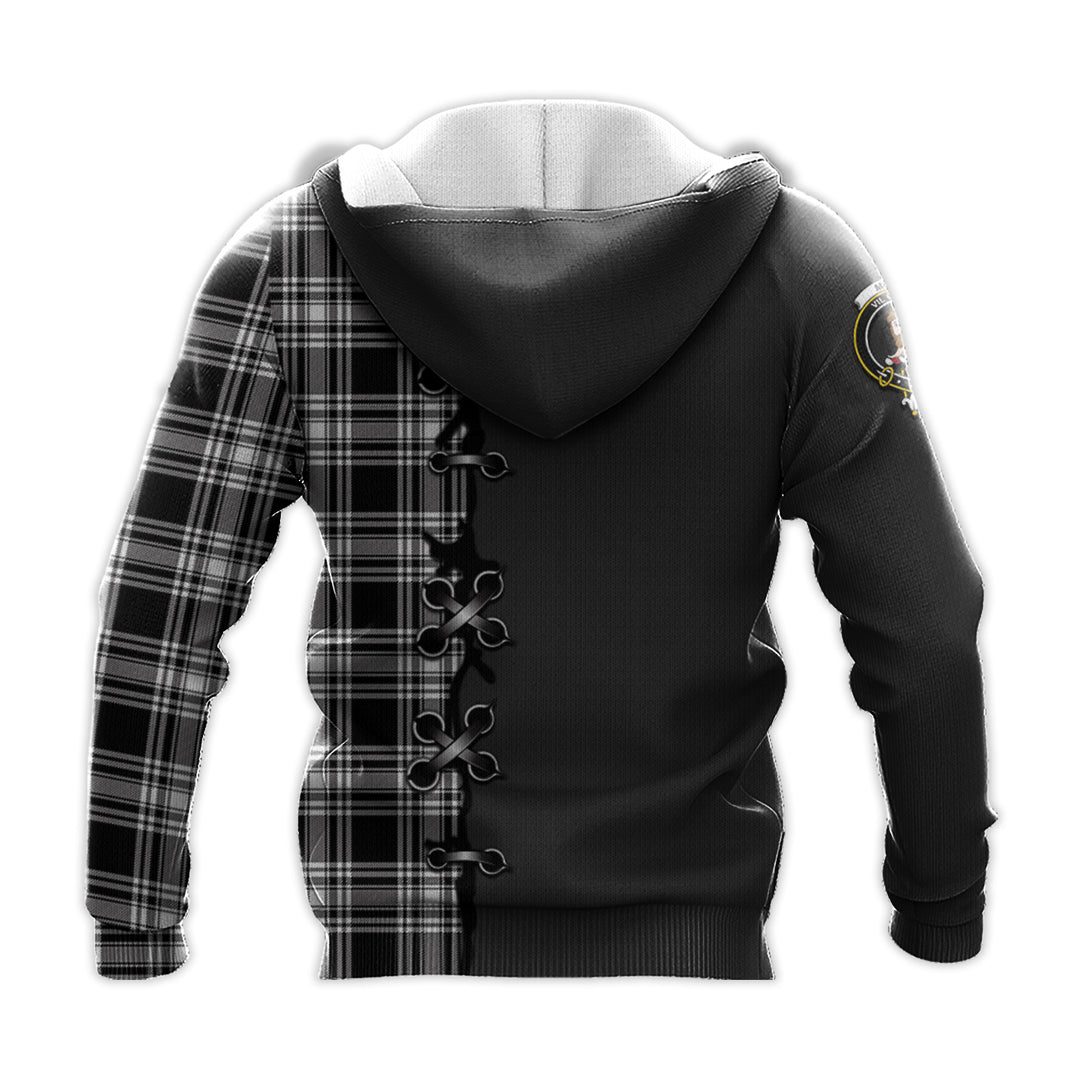 Printivon Menzies Black And White Tartan Hoodie Lion Rampant And Celtic Thistle Style
