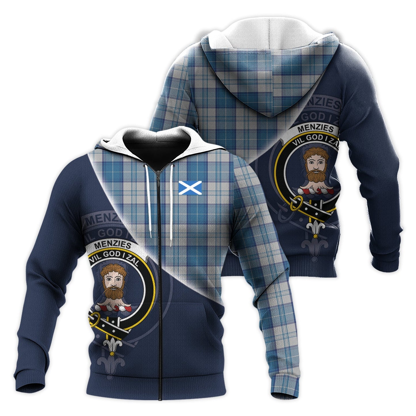 Printivon Menzies Dress Blue And White Tartan Scottish Crest Hoodie