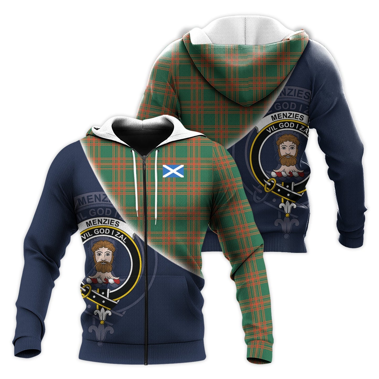 Printivon Menzies Green Ancient Tartan Scottish Crest Hoodie