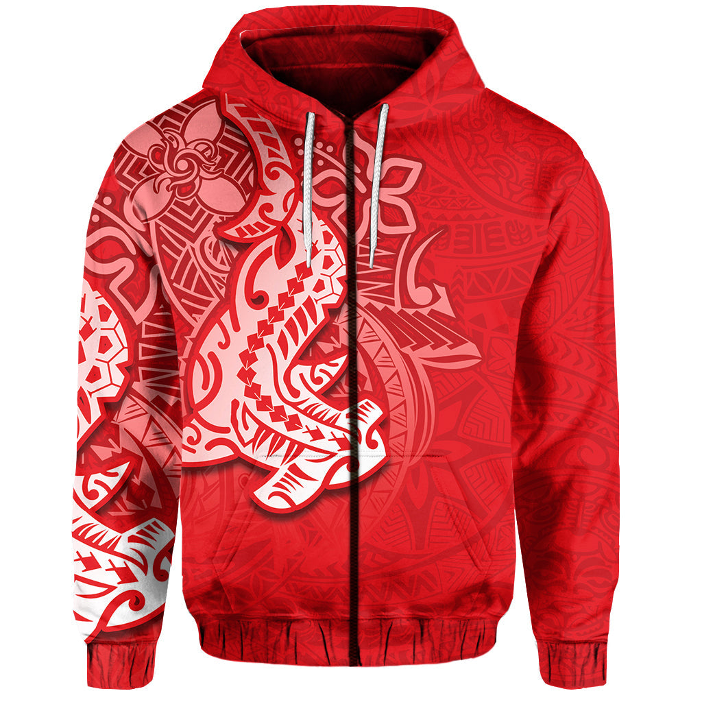 ( Personalised) Hammerhead shark Zip Hoodie Polynesian Red Style