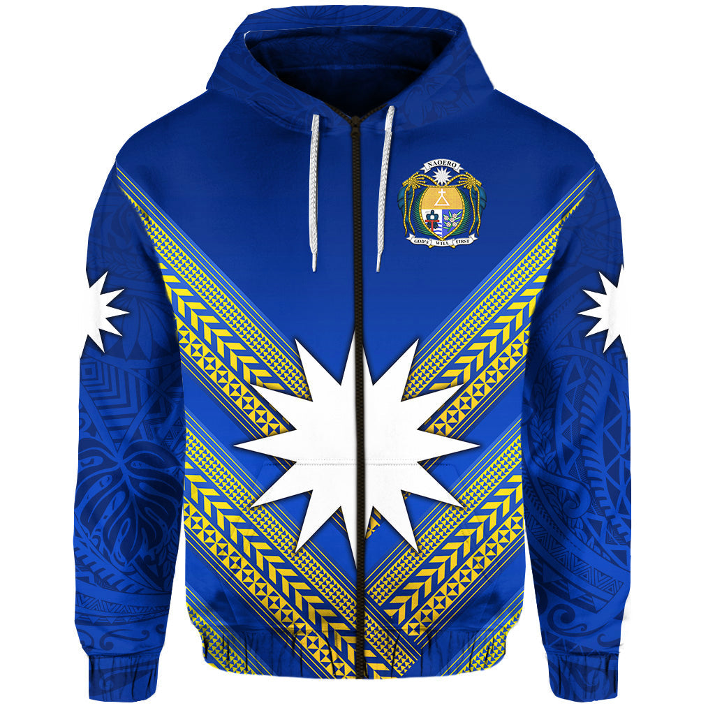 ( Personalised) Nauru Polynesian Flag Zip Hoodie Creative Style Blue, Text And Number