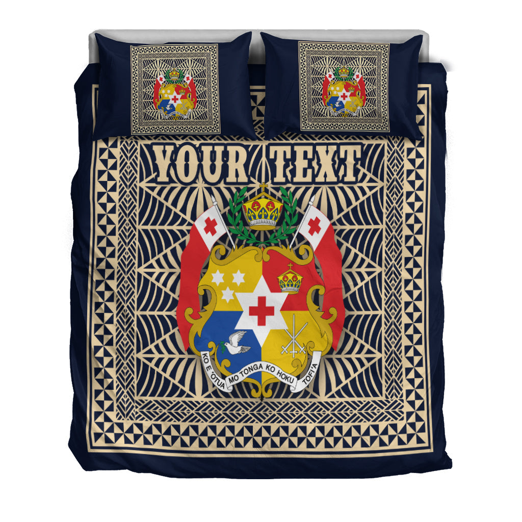 (Custom Personalised) Tonga Pattern Bedding Set Coat of Arms Navy and Beige