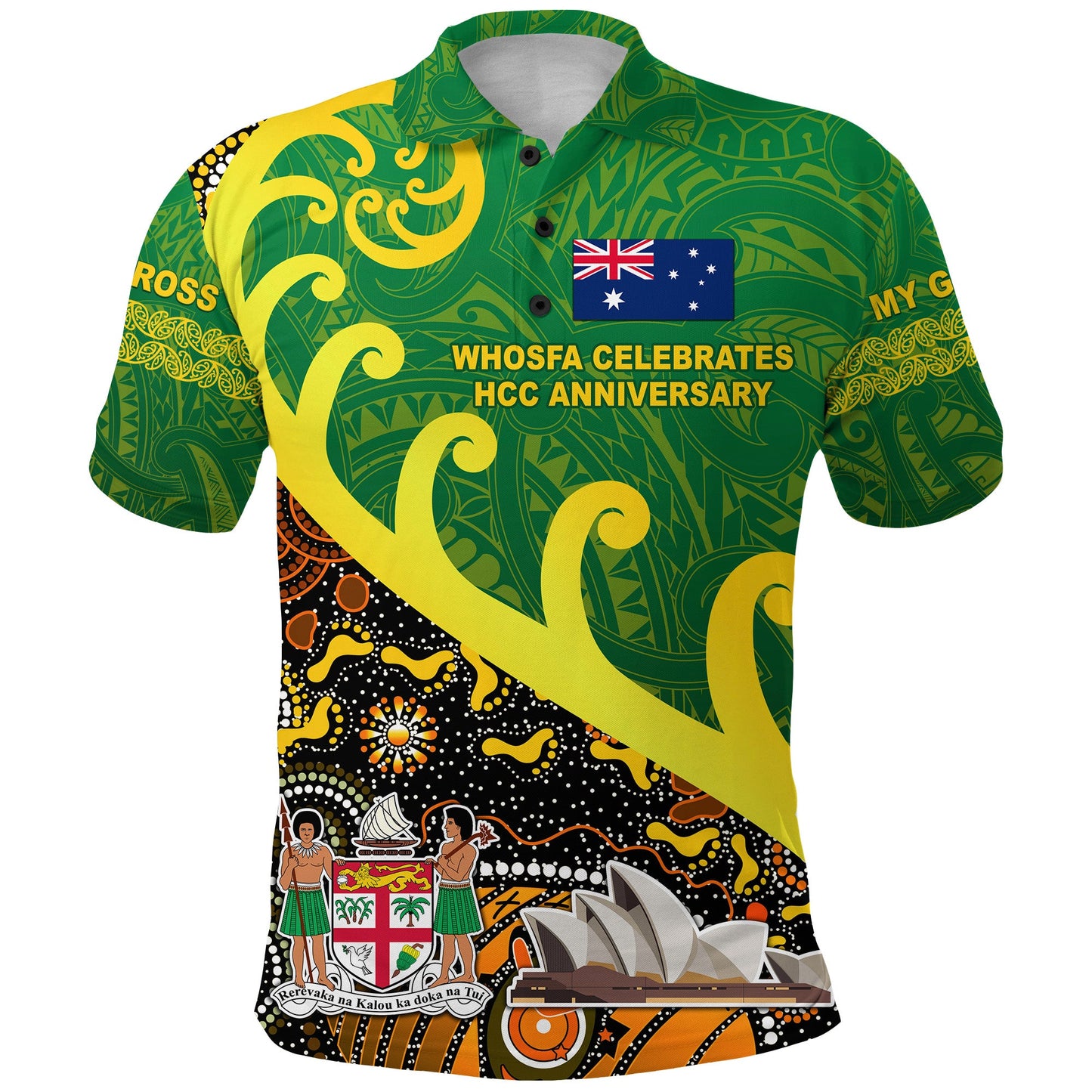 Whosfa Celebrates HCC Anniversary Fiji Australia Aboriginal Polo Shirt Silver Fern Koru Vibes - Green