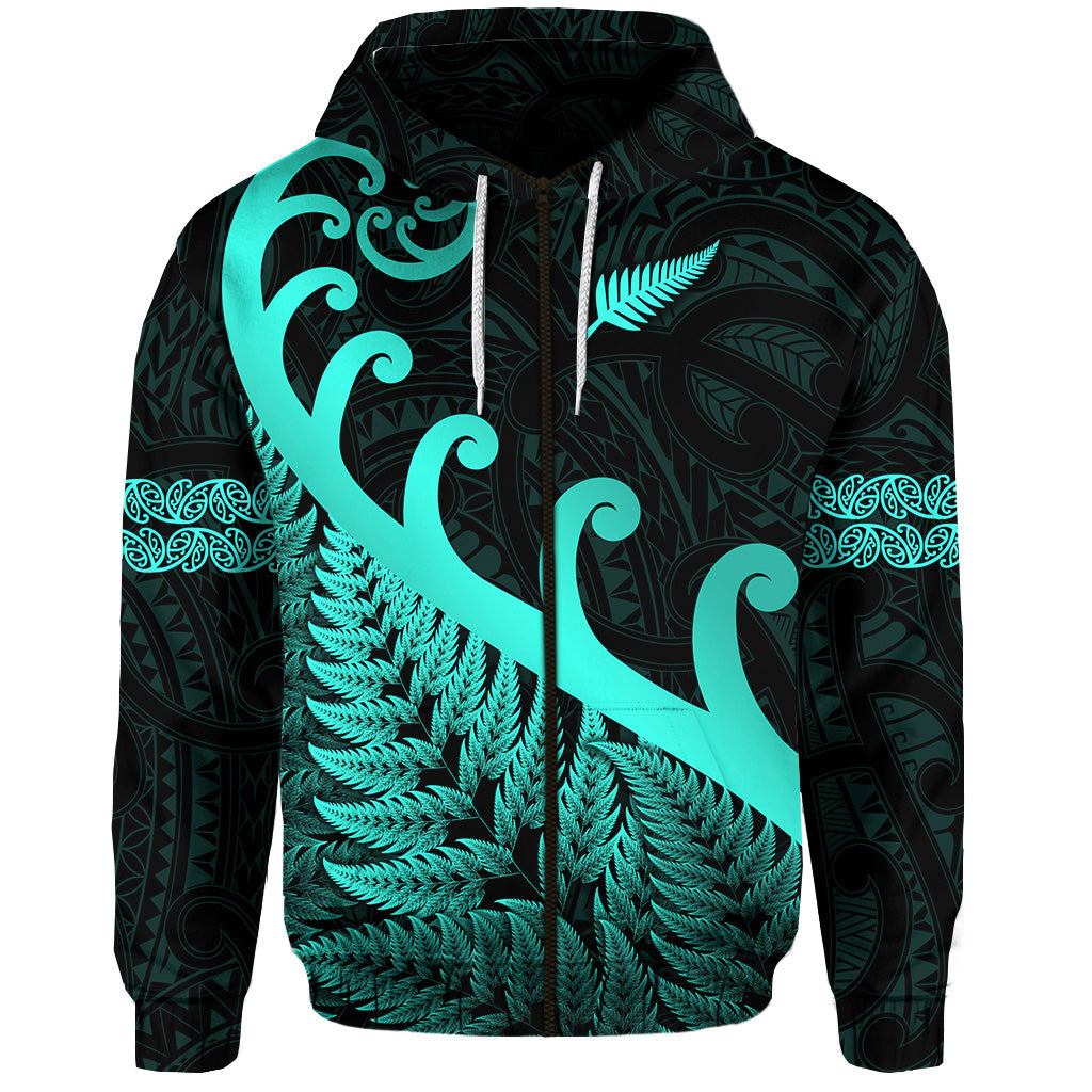 ( Personalised) New Zealand Rugby Maori Zip Hoodie Silver Fern Koru Vibes Turquoise
