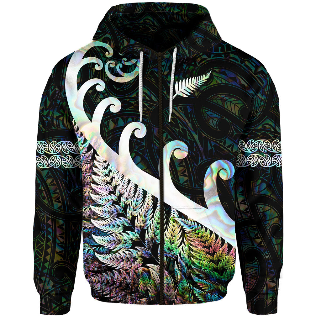 New Zealand Rugby Maori Zip Hoodie Silver Fern Koru Vibes Paua Shell